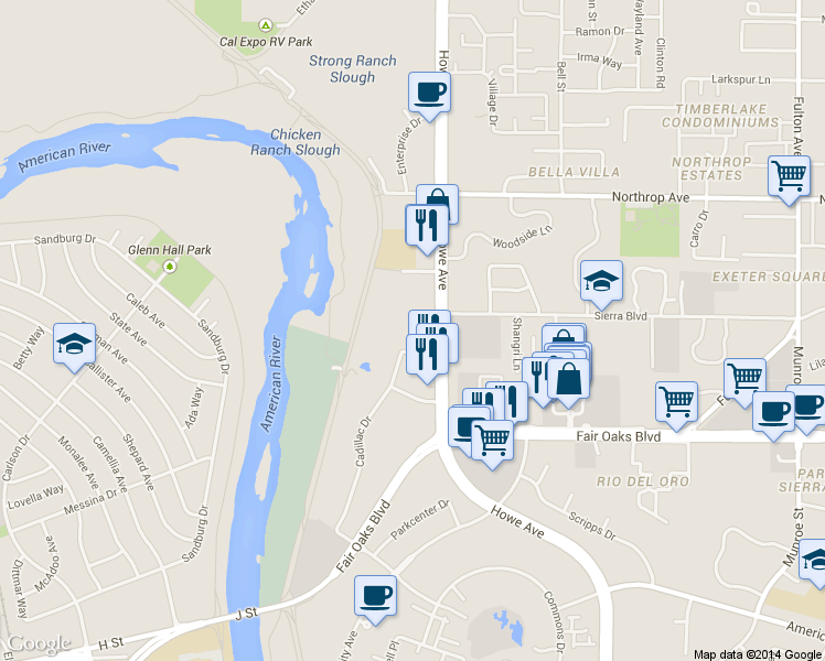 map of restaurants, bars, coffee shops, grocery stores, and more near 623 Howe Avenue in Sacramento