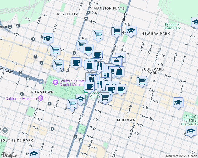 map of restaurants, bars, coffee shops, grocery stores, and more near 1500 K Street in Sacramento