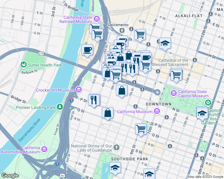 map of restaurants, bars, coffee shops, grocery stores, and more near 1421 5th Street in Sacramento