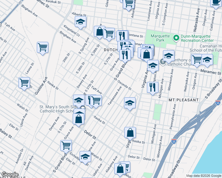 map of restaurants, bars, coffee shops, grocery stores, and more near 4511 Tennessee Avenue in St. Louis