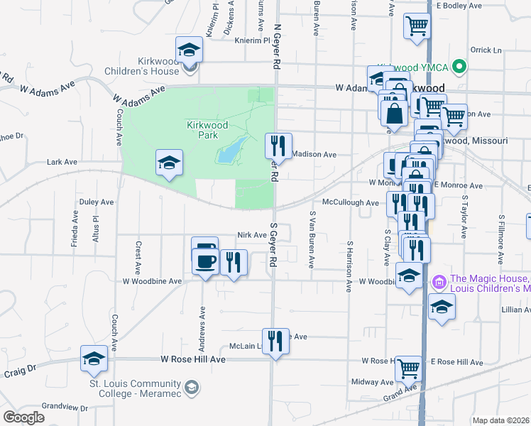 map of restaurants, bars, coffee shops, grocery stores, and more near 448 Colony Woods Drive in Kirkwood