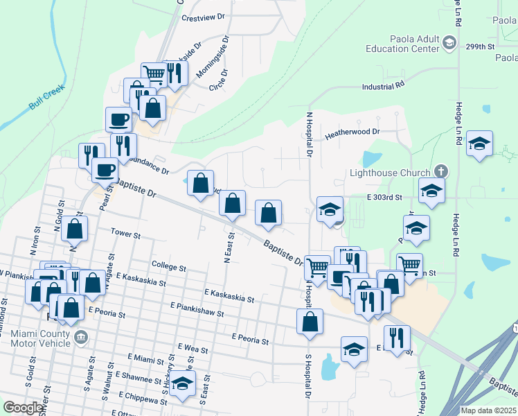 map of restaurants, bars, coffee shops, grocery stores, and more near 702 Baptiste Drive in Paola