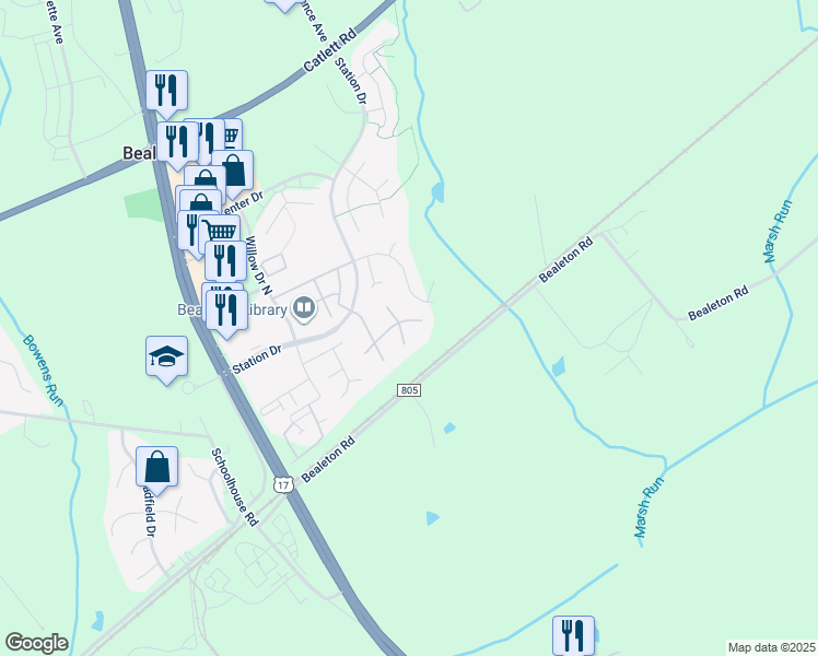 map of restaurants, bars, coffee shops, grocery stores, and more near 6115 Waverly Way in Bealeton