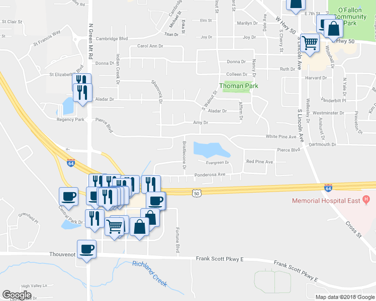 map of restaurants, bars, coffee shops, grocery stores, and more near 1412 Bristlecone Drive in O'Fallon