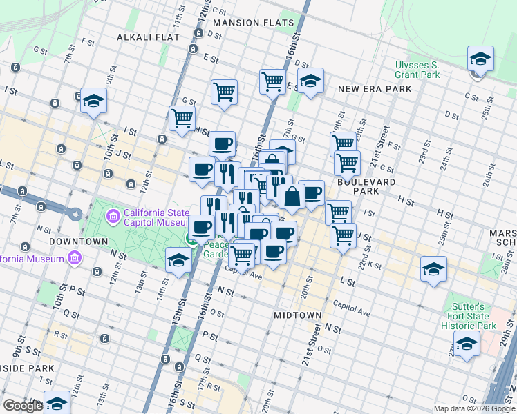 map of restaurants, bars, coffee shops, grocery stores, and more near 1615 K Street in Sacramento