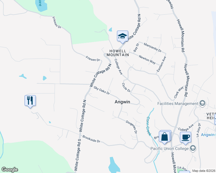 map of restaurants, bars, coffee shops, grocery stores, and more near 225 Mariposa Drive in Angwin