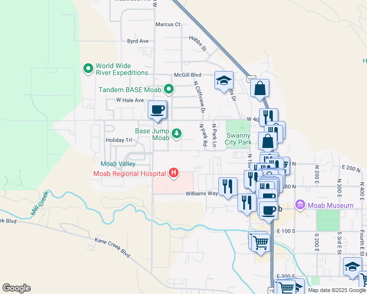 map of restaurants, bars, coffee shops, grocery stores, and more near 380 West Park Drive in Moab