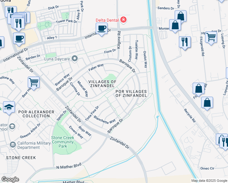 map of restaurants, bars, coffee shops, grocery stores, and more near 11055 Terra Blanca Way in Gold River