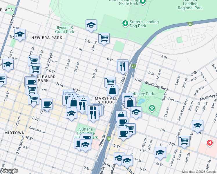 map of restaurants, bars, coffee shops, grocery stores, and more near 620 28th Street in Sacramento