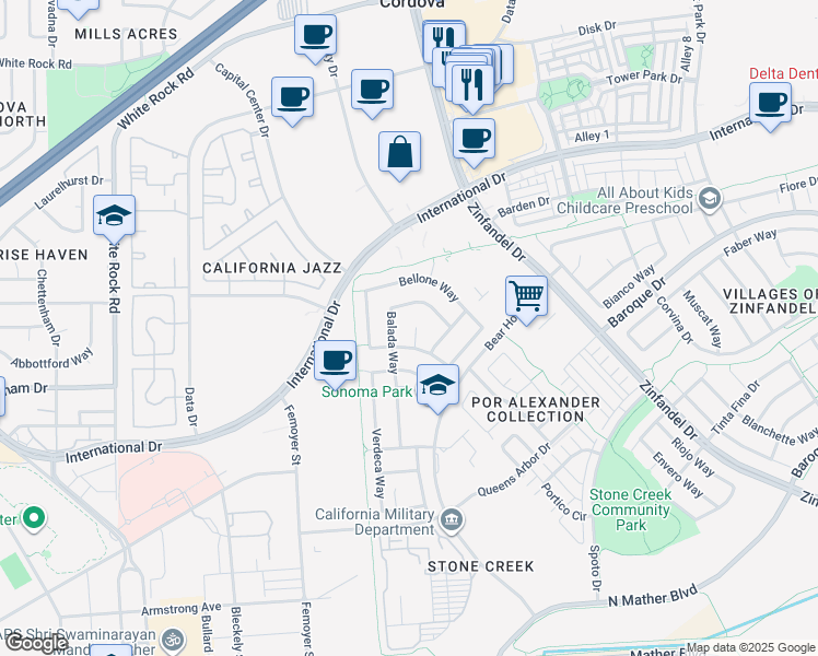 map of restaurants, bars, coffee shops, grocery stores, and more near 3258 Hess Court in Rancho Cordova