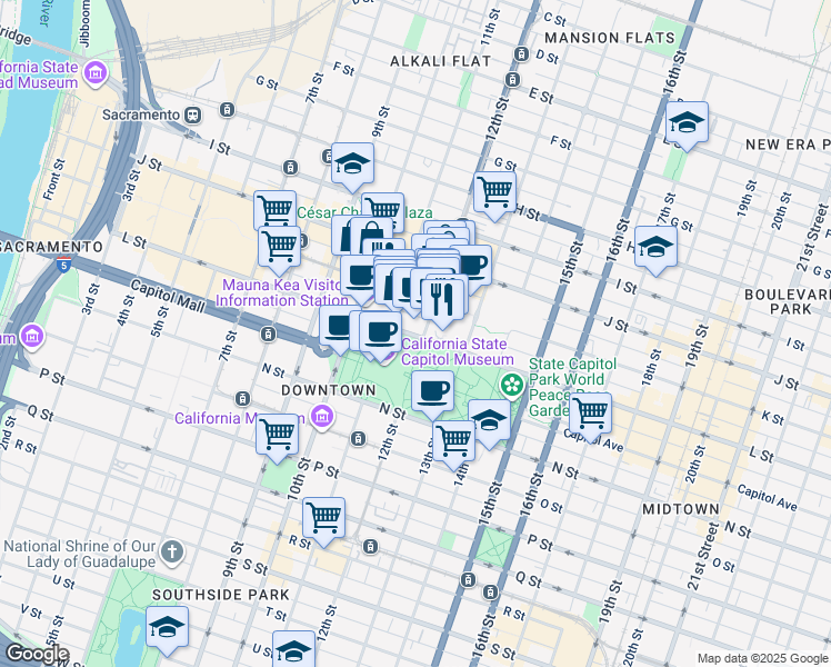 map of restaurants, bars, coffee shops, grocery stores, and more near 1121 L Street in Sacramento