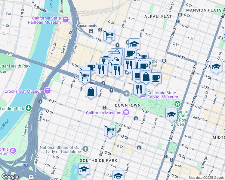 map of restaurants, bars, coffee shops, grocery stores, and more near 800 Capitol Mall in Sacramento