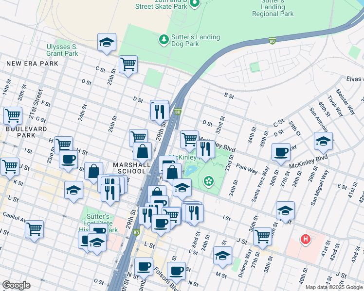 map of restaurants, bars, coffee shops, grocery stores, and more near 600 Alhambra Boulevard in Sacramento