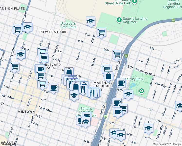 map of restaurants, bars, coffee shops, grocery stores, and more near 2623 H Street in Sacramento