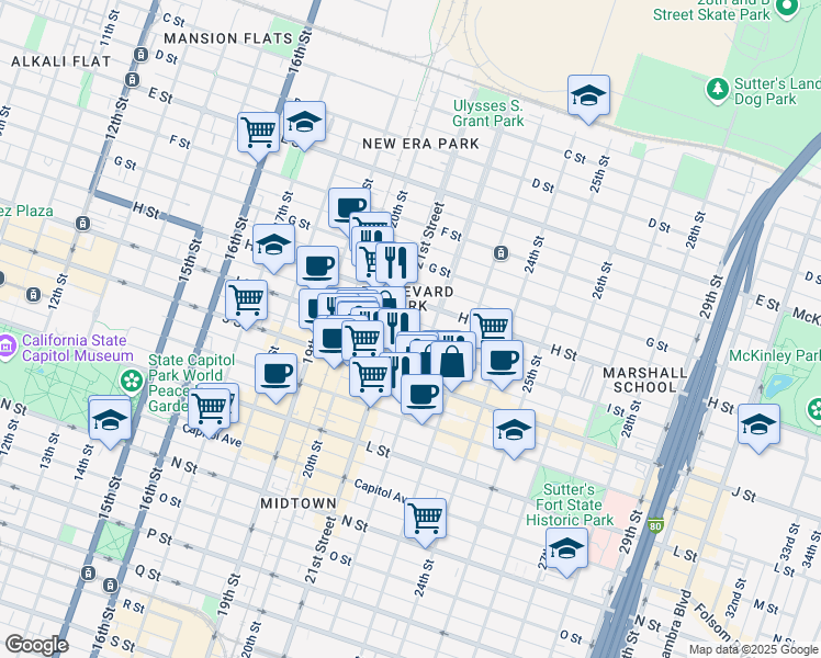 map of restaurants, bars, coffee shops, grocery stores, and more near 2114 I Street in Sacramento