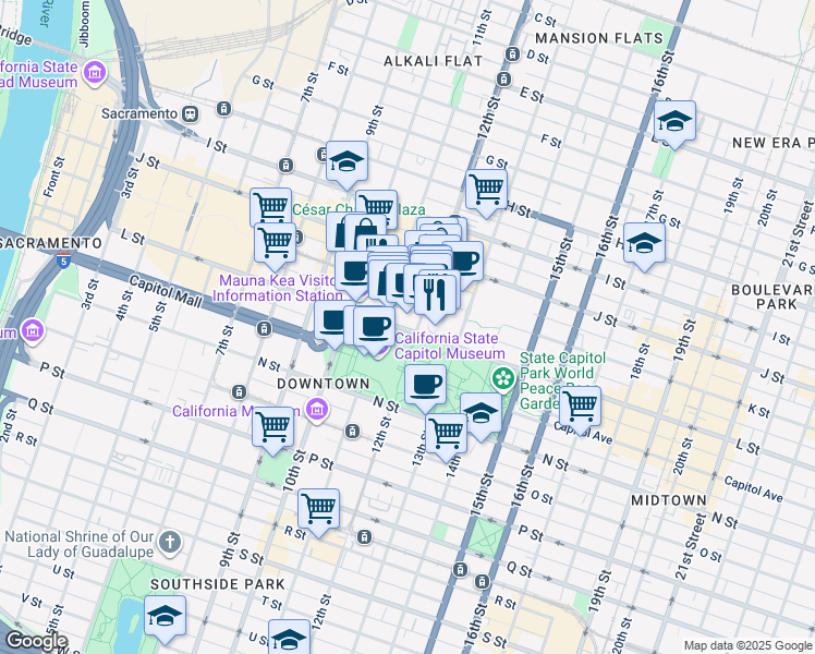 map of restaurants, bars, coffee shops, grocery stores, and more near 1205 L Street in Sacramento