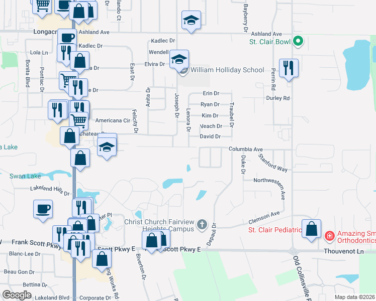 map of restaurants, bars, coffee shops, grocery stores, and more near 714 Villanova Court in Fairview Heights