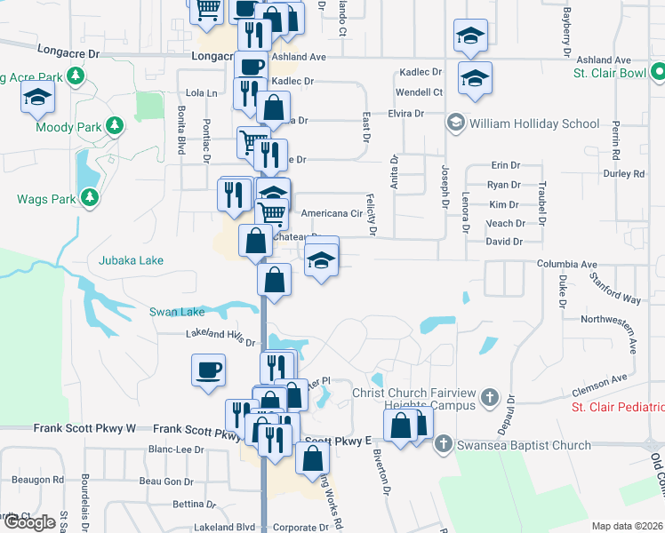 map of restaurants, bars, coffee shops, grocery stores, and more near 5100 North Illinois Street in Fairview Heights