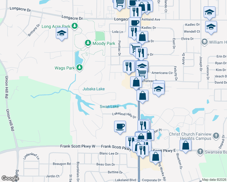 map of restaurants, bars, coffee shops, grocery stores, and more near 205 Jubaka Drive in Fairview Heights