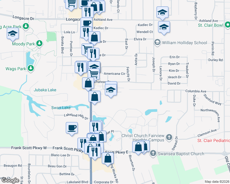 map of restaurants, bars, coffee shops, grocery stores, and more near 5100 North Illinois Street in Fairview Heights