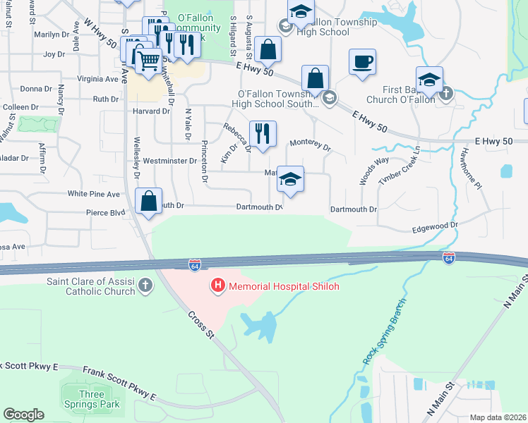 map of restaurants, bars, coffee shops, grocery stores, and more near 605 Dartmouth Drive in O'Fallon