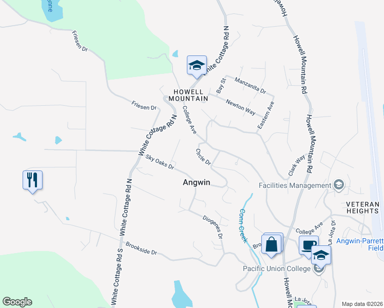 map of restaurants, bars, coffee shops, grocery stores, and more near 366 Sky Oaks Drive in Angwin