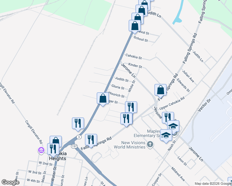 map of restaurants, bars, coffee shops, grocery stores, and more near 16 Hissrich Street in Cahokia