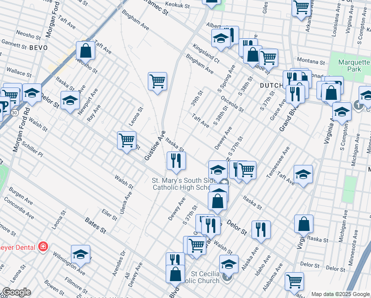 map of restaurants, bars, coffee shops, grocery stores, and more near 3821 Itaska Street in St. Louis