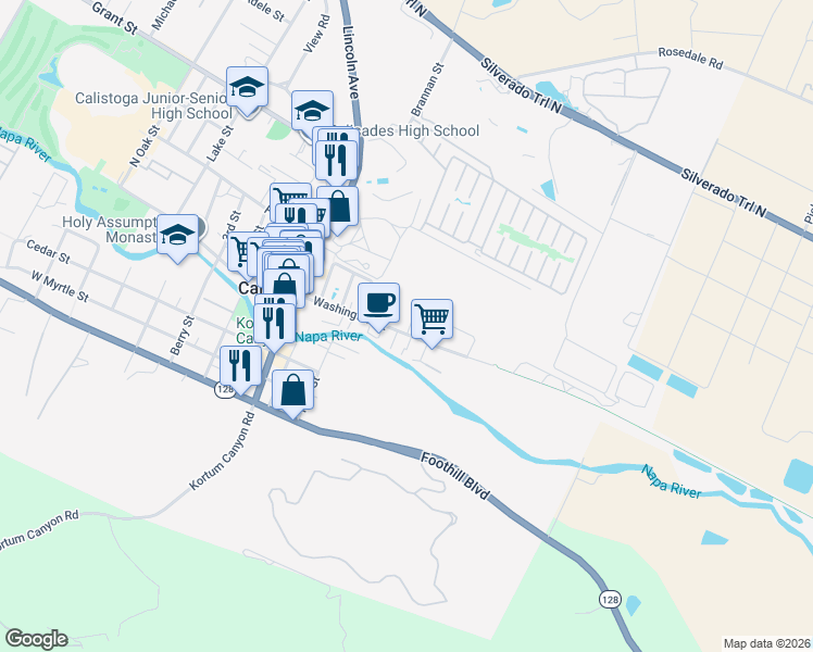 map of restaurants, bars, coffee shops, grocery stores, and more near 515 Washington Street in Calistoga