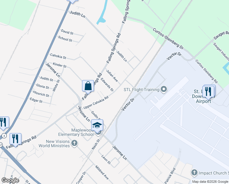 map of restaurants, bars, coffee shops, grocery stores, and more near 1304 Upper Cahokia Road in Cahokia