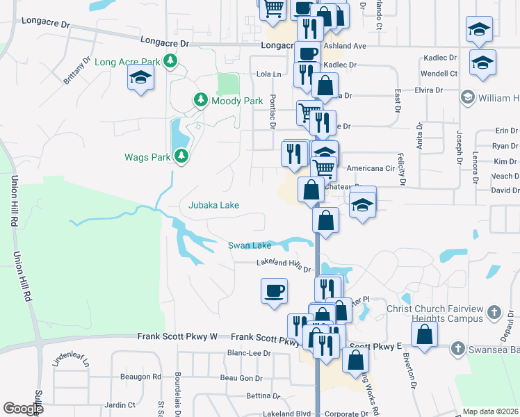 map of restaurants, bars, coffee shops, grocery stores, and more near 205 Jubaka Drive in Fairview Heights