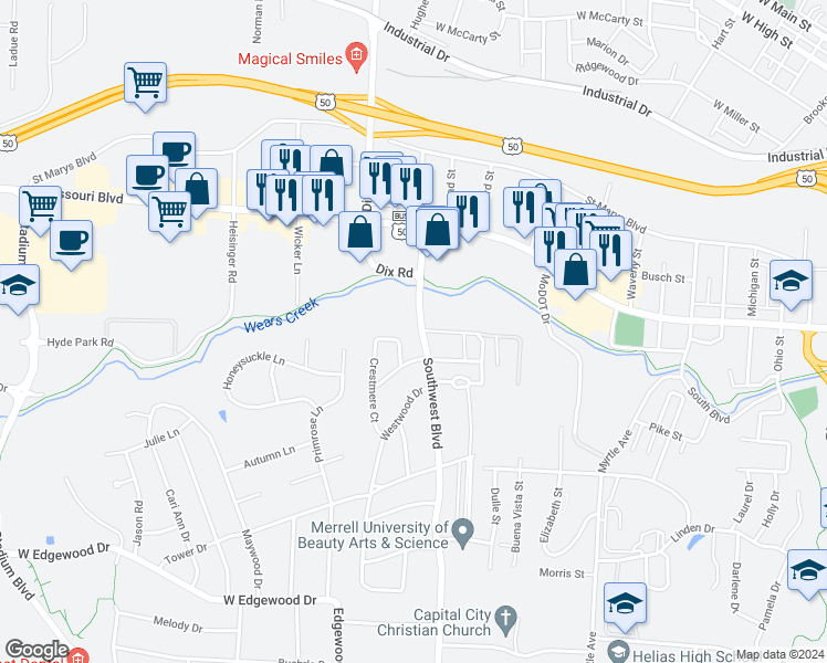 map of restaurants, bars, coffee shops, grocery stores, and more near 816 Southwest Boulevard in Jefferson City
