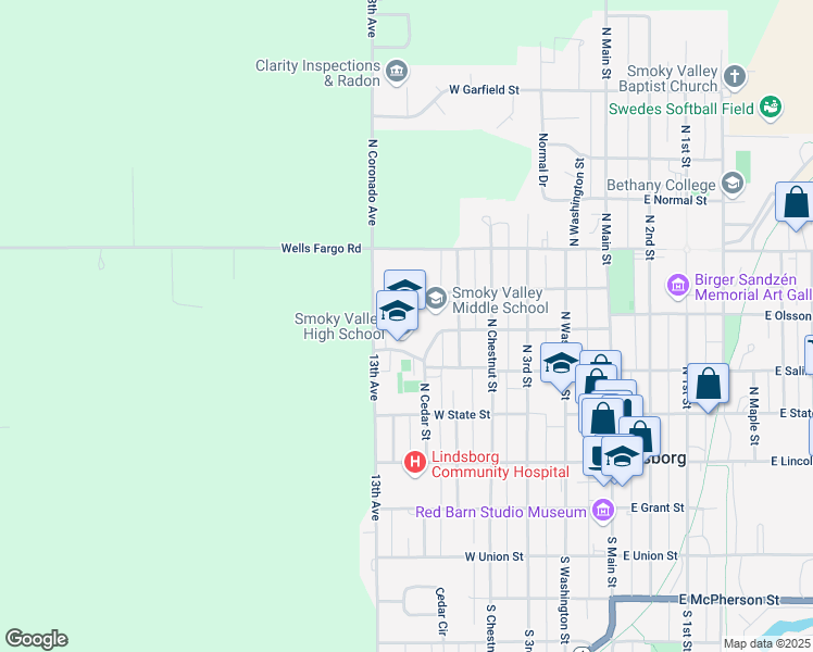 map of restaurants, bars, coffee shops, grocery stores, and more near 401 North Cedar Street in Lindsborg