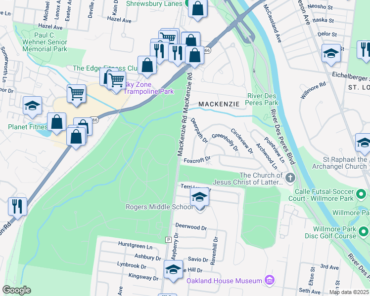 map of restaurants, bars, coffee shops, grocery stores, and more near 7259 Cranston Drive in St. Louis