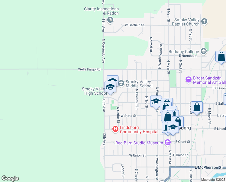 map of restaurants, bars, coffee shops, grocery stores, and more near 401 North Cedar Street in Lindsborg