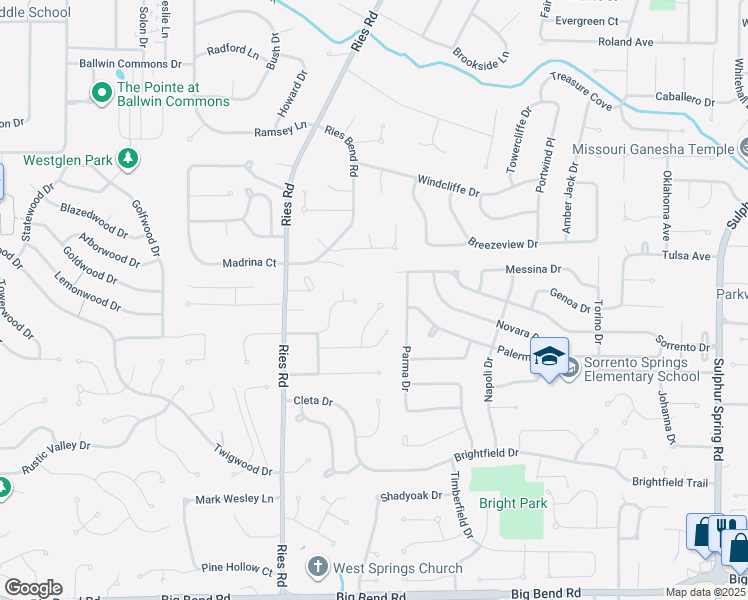 map of restaurants, bars, coffee shops, grocery stores, and more near 421 Holly Garden Court in Ballwin