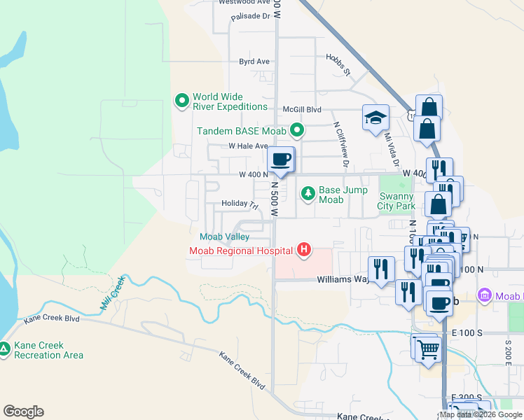 map of restaurants, bars, coffee shops, grocery stores, and more near 400 North 500 West in Moab