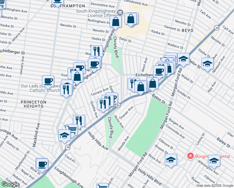 map of restaurants, bars, coffee shops, grocery stores, and more near Morgan Ford Road in St. Louis