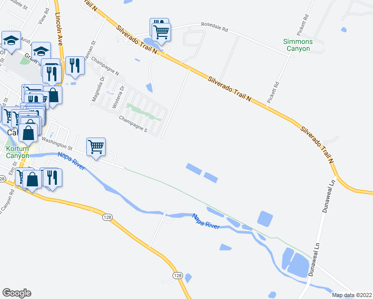 map of restaurants, bars, coffee shops, grocery stores, and more near 100 Silverado Trail North in Calistoga