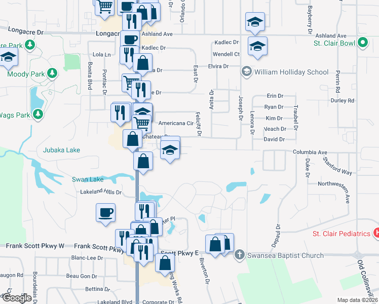 map of restaurants, bars, coffee shops, grocery stores, and more near 124 Ashley Drive in Fairview Heights