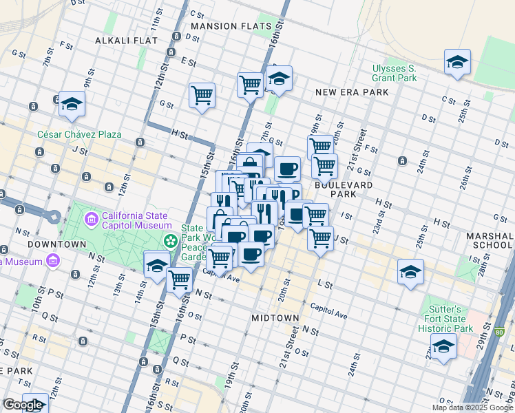 map of restaurants, bars, coffee shops, grocery stores, and more near in Sacramento