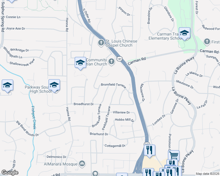 map of restaurants, bars, coffee shops, grocery stores, and more near 809 Parkfield Terrace in Ballwin