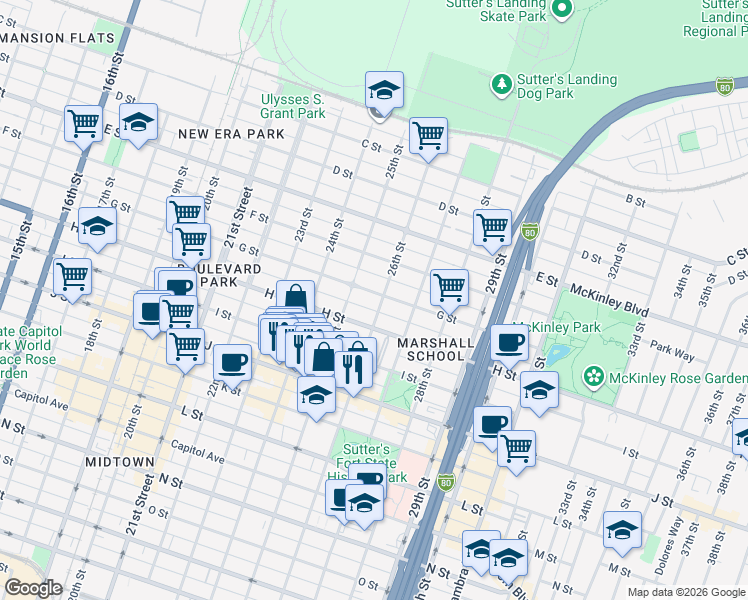 map of restaurants, bars, coffee shops, grocery stores, and more near 2519 H Street in Sacramento