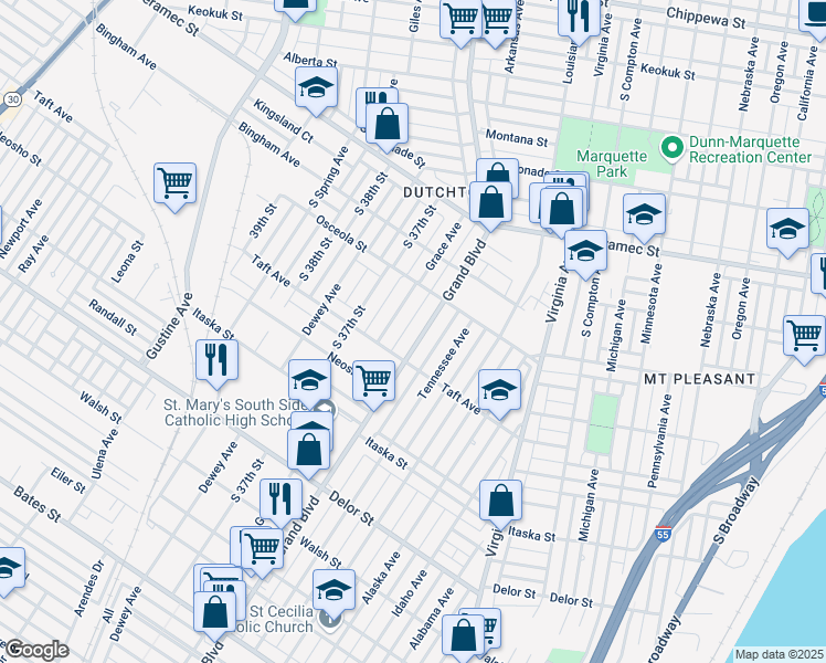 map of restaurants, bars, coffee shops, grocery stores, and more near 4509 South Grand Boulevard in St. Louis