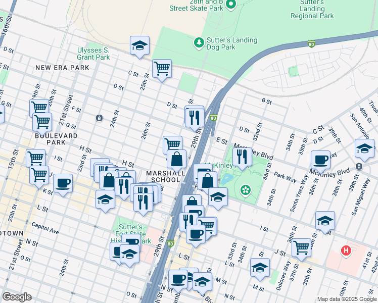 map of restaurants, bars, coffee shops, grocery stores, and more near 2817 G Street in Sacramento