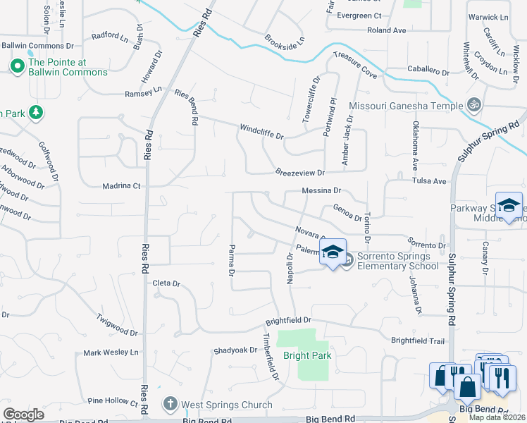 map of restaurants, bars, coffee shops, grocery stores, and more near 335 Palermo Drive in Ballwin