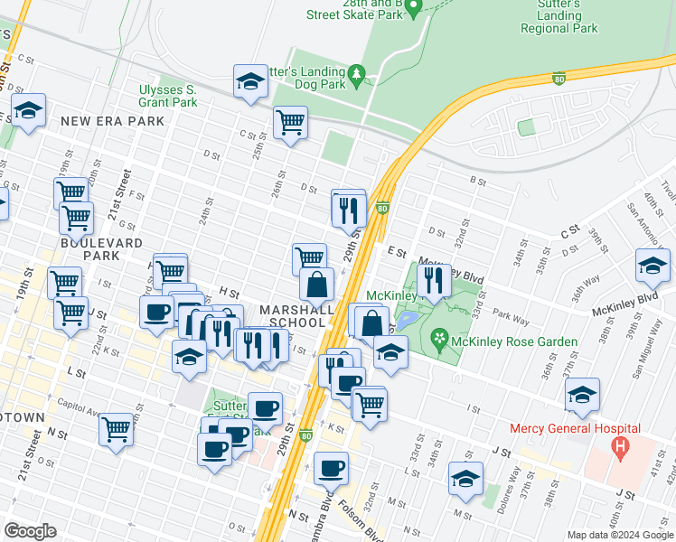 map of restaurants, bars, coffee shops, grocery stores, and more near 2817 G Street in Sacramento
