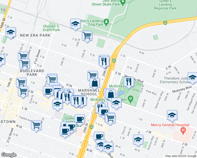 map of restaurants, bars, coffee shops, grocery stores, and more near 2817 G Street in Sacramento