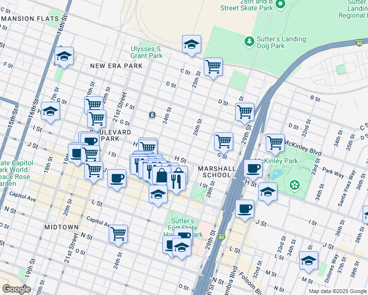 map of restaurants, bars, coffee shops, grocery stores, and more near 2519 H Street in Sacramento