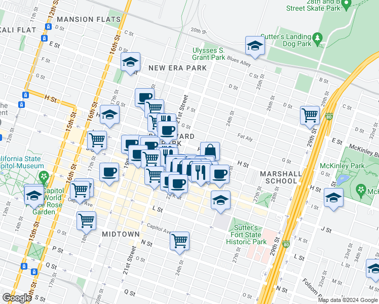 map of restaurants, bars, coffee shops, grocery stores, and more near 2217 I Street in Sacramento
